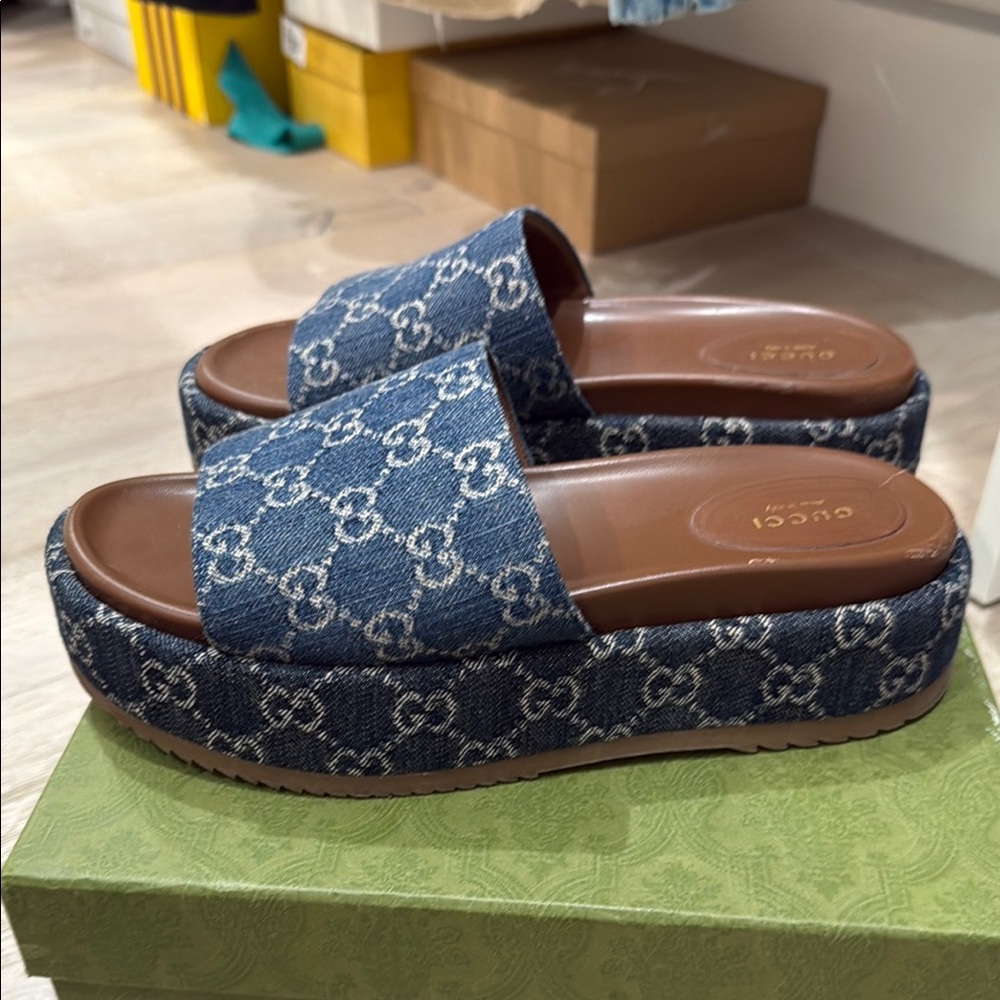 Gucci Blue Monogram Slides Size 10 - Picture 4 of 6